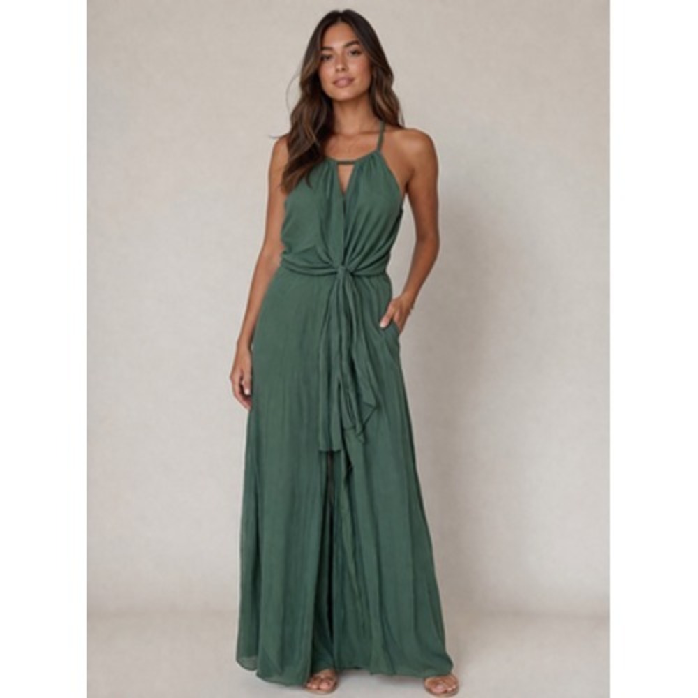 Azazie Dress Womens A6 Green Chiffon Maxi V Neck Tie Waist Bridesmaid Formal‎